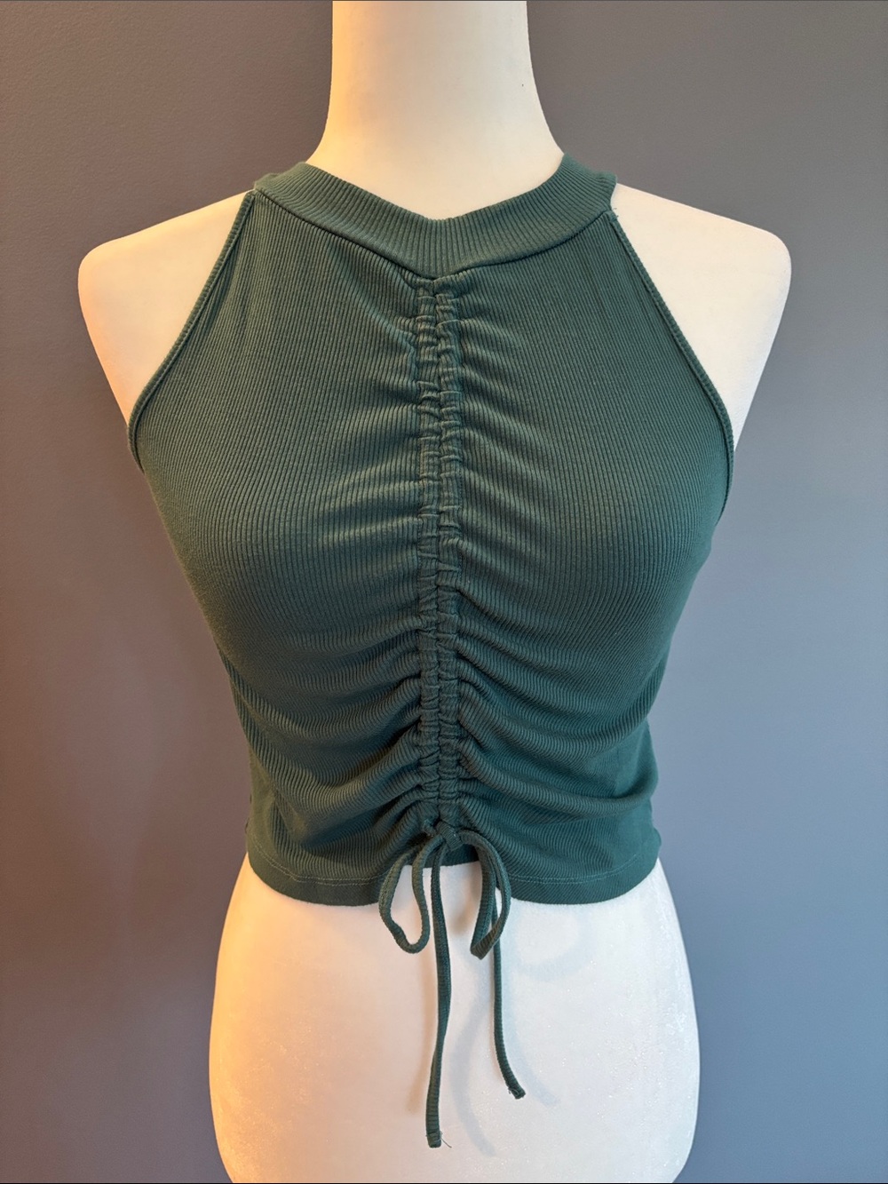 Happily Grey Ruched Green Ribbed Halter Crop Top